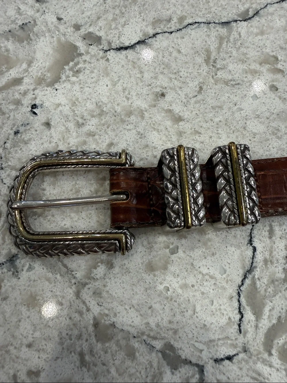 Brighton Vintage Brown Croc Embossed Leather Belt Silver Gold Western Buckle
